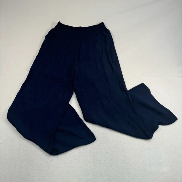 Nanette Lepore Pull On Wide Leg Pants Womens Sz Med Blue High Rise Smocked Waist - Picture 1 of 11